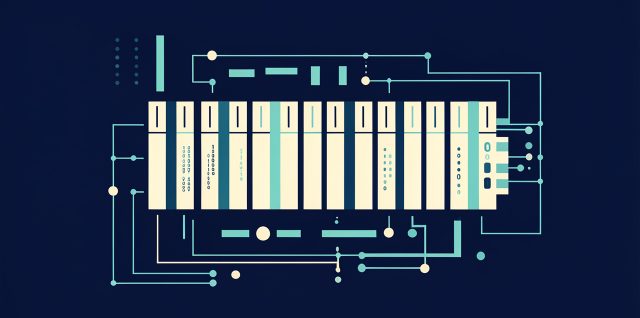 Illustration éditoriale sobre représentant une bande de machine de Turing avec des motifs binaires abstraits et des schémas logiques géométriques sur un fond bleu nuit.