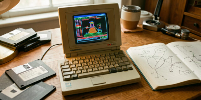 Petit ordinateur portable des années 1990 ouvert sur un bureau d’informatique rétro, avec des disquettes et un carnet technique éclairés par la lumière naturelle.
