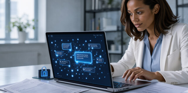 Une professionnelle consulte un ordinateur portable présentant une interface abstraite de chatbot, entouré de documents vierges et d’un symbole de cadenas numérique.