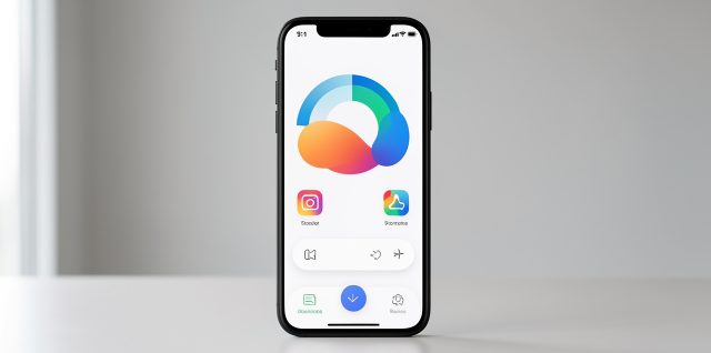 Smartphone moderne affichant une interface générique de stockage avec des icônes colorées sans logo ni texte lisible.